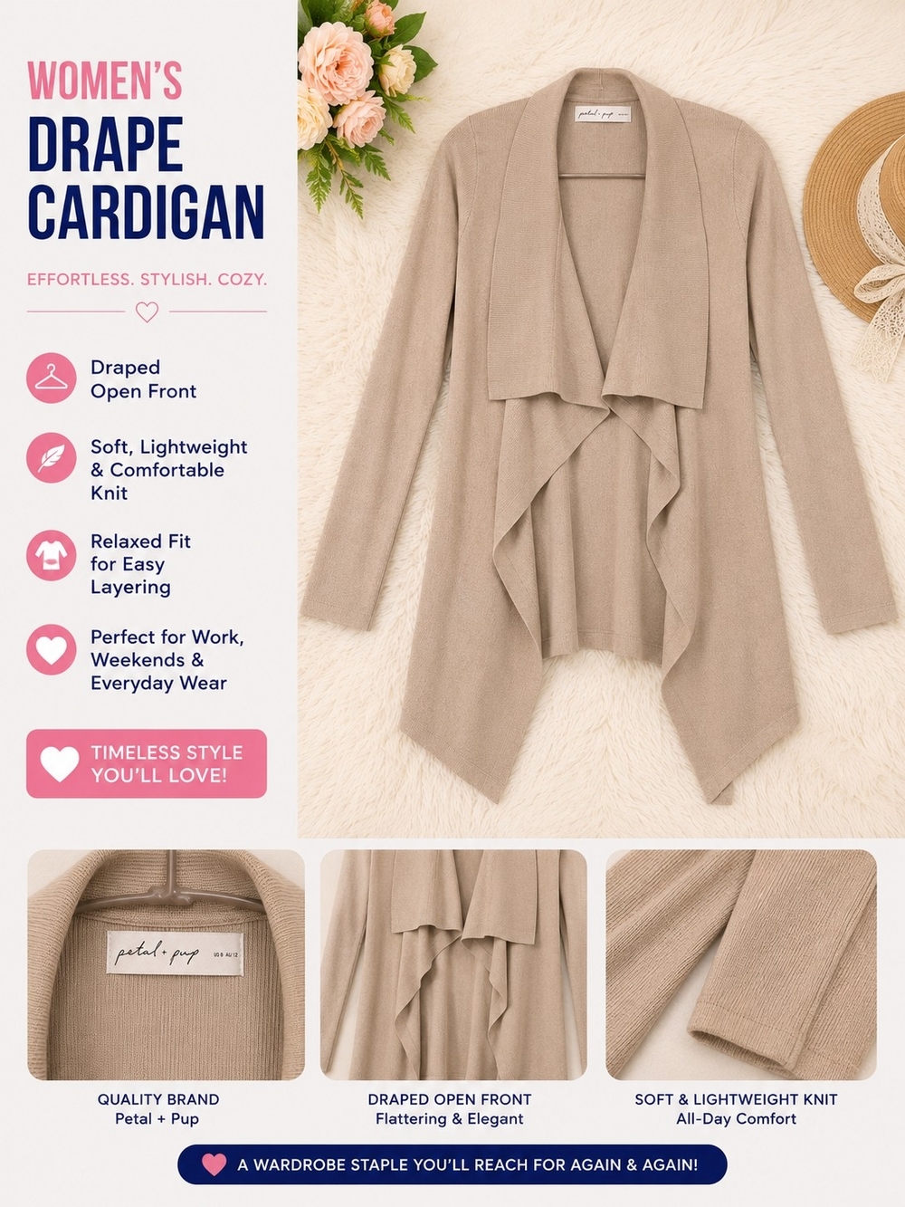 Petal & Pup Women's Draped Open-Front Cardigan - Beige Taupe